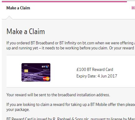£100 reward card for switching to BT.
