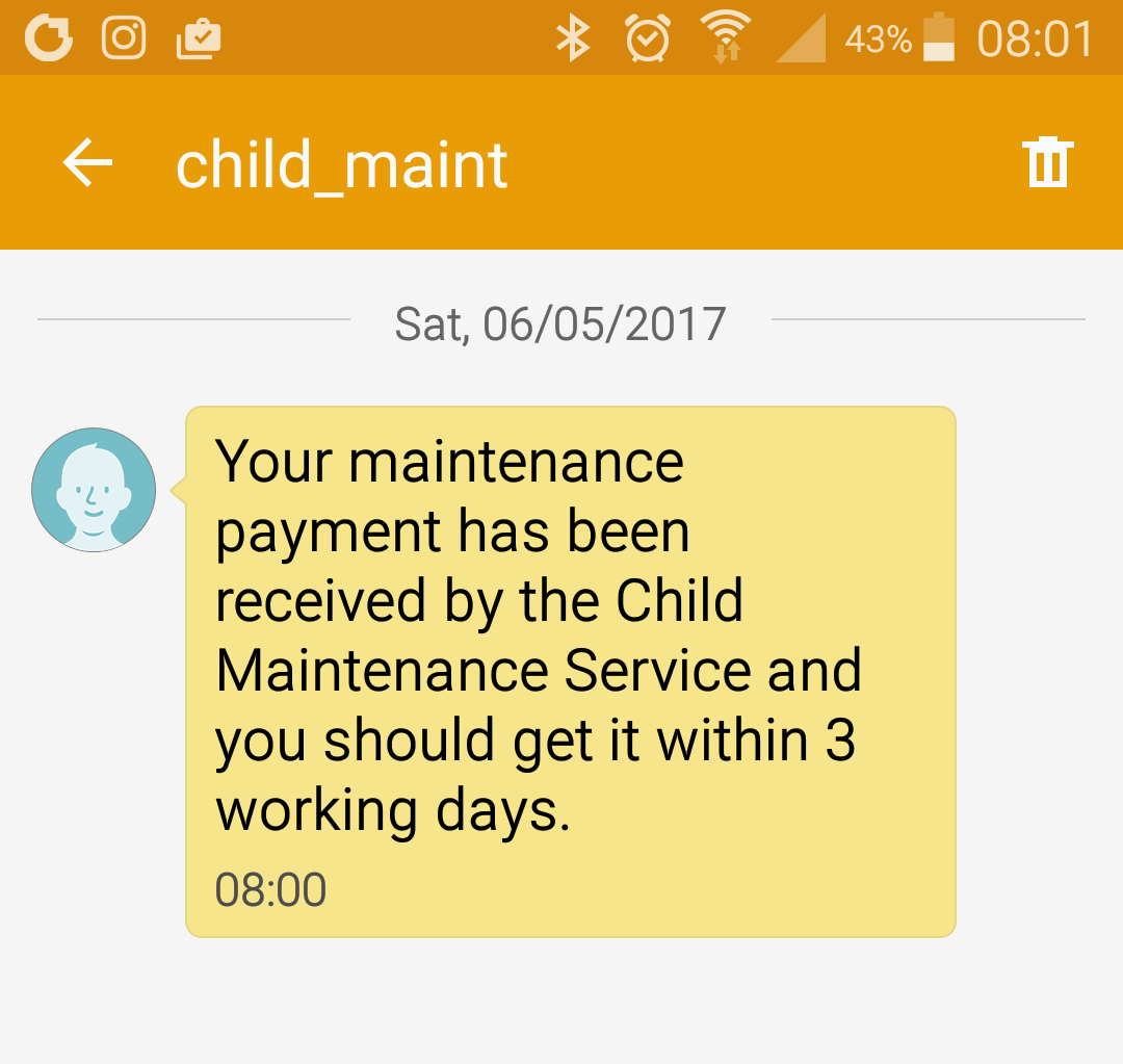 A screenshot of confirmation of my first Child Maintenance Service payment towards years of child support arrears.