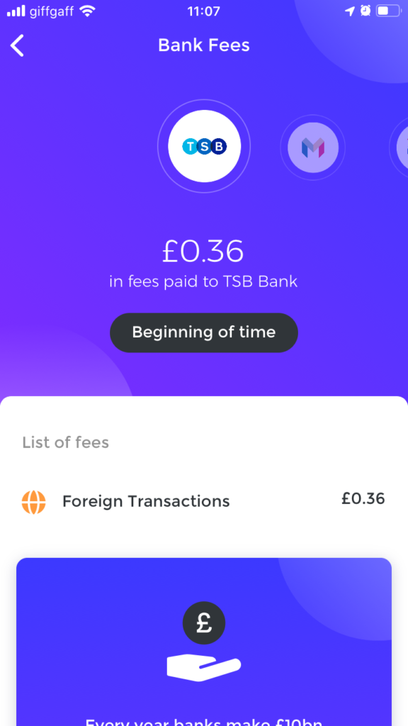 Emma budgeting app screenshot showing foreign transaction fees.